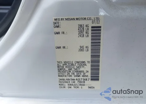 2022 Nissan Altima S Fwd из США, поврежденный, VIN 1N4BL4BV3NN407987